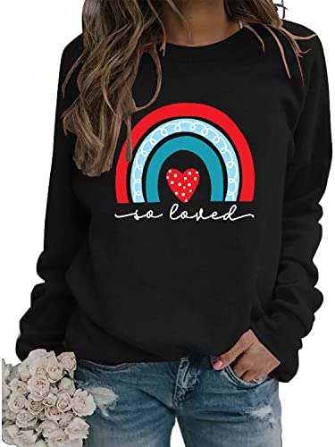 Valentines Rainbow Love Sweatshirt Women Love Heart Tee Tops