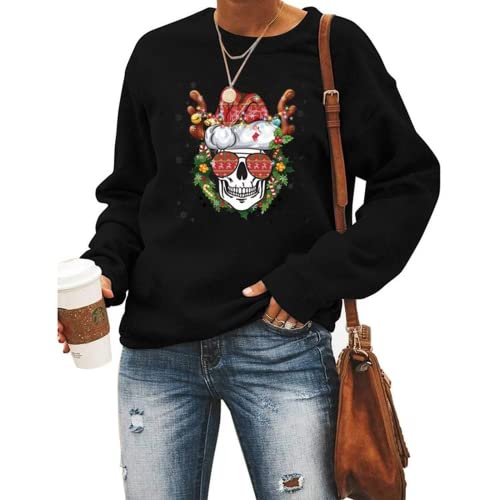 Sweat-shirt de Noël à manches longues pour femme, motif tête de mort, maman, père noël, graphique