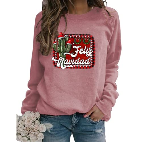 Women Feliz Navidad Sweatshirt Spanish Merry Christmas Cactus Shirt