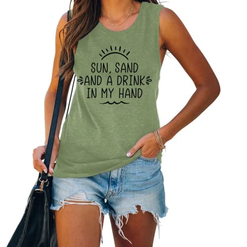 Women Sun Sand and A Drink in My Hand Tank Top Cute Graphic Shirt