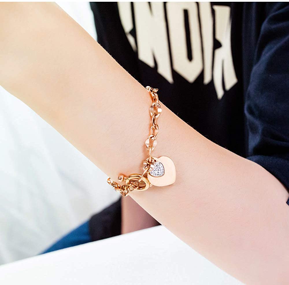 Womens Stainless Steel Link Chains Heart Charms Bracelets for Teen Age Girl Toggle Clasp Closure