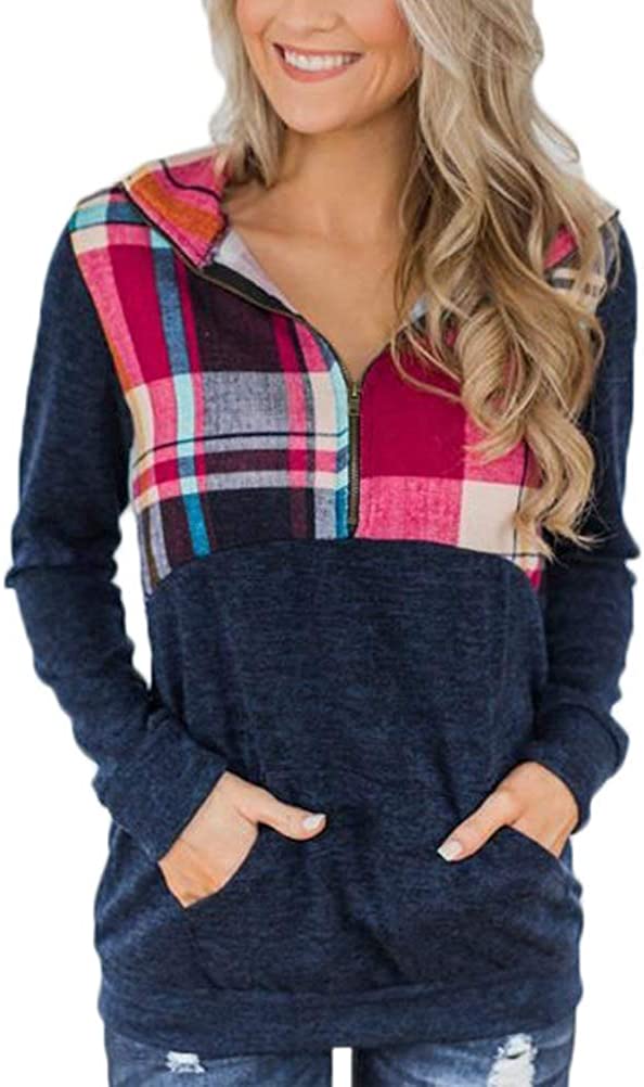 Sweat-shirt à manches longues et fermeture éclair à carreaux pour femmes avec poches