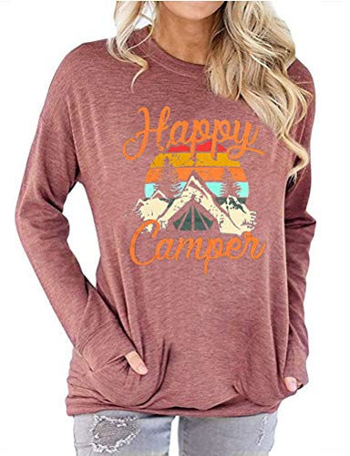 Women Happy Camper Long Sleeve Blouse with Pockets