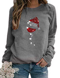Sweat-shirt à manches longues pour femmes, verres à vin avec chapeau de père noël pour noël