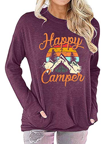 Women Happy Camper Long Sleeve Blouse with Pockets