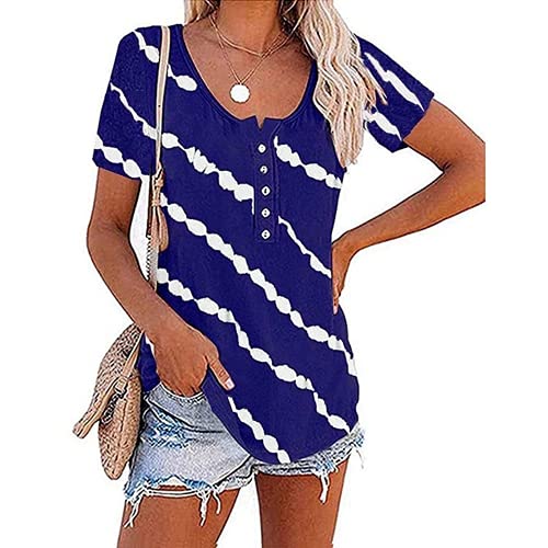 Women Casual Tie Dye Stripe T-Shirt Tunic Shirt with Buttons