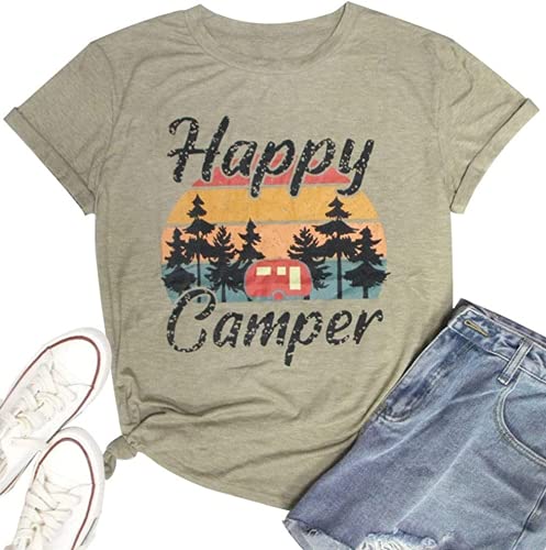 Women Happy Camper T-Shirt Vintage Happy Camper Graphic Shirt