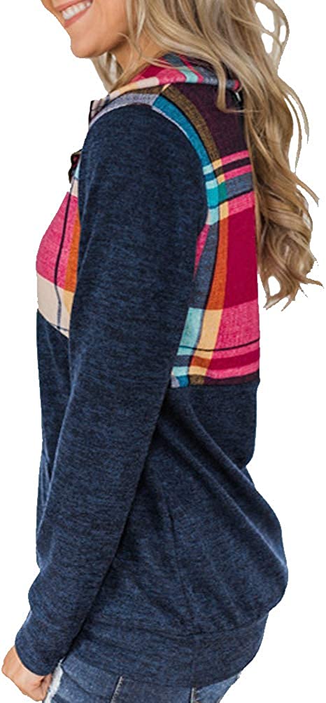 Sweat-shirt à manches longues et fermeture éclair à carreaux pour femmes avec poches