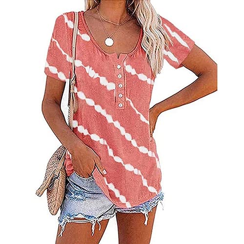 Women Casual Tie Dye Stripe T-Shirt Tunic Shirt with Buttons