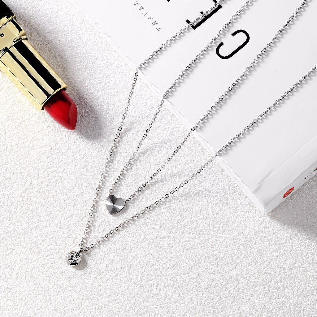 NEHZUS Titanium Rose Gold Plated Double Layer Love Heart Shaped Necklace with Diamonds As A Gift for A Girlfriend