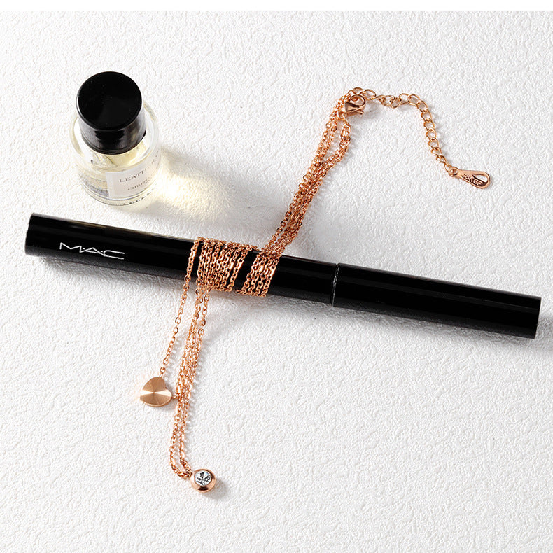 NEHZUS Titanium Rose Gold Plated Double Layer Love Heart Shaped Necklace with Diamonds As A Gift for A Girlfriend