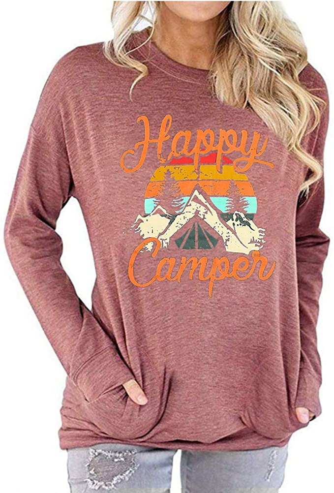 Women Happy Camper Long Sleeve Blouse with Pockets