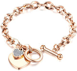 Womens Stainless Steel Link Chains Heart Charms Bracelets for Teen Age Girl Toggle Clasp Closure