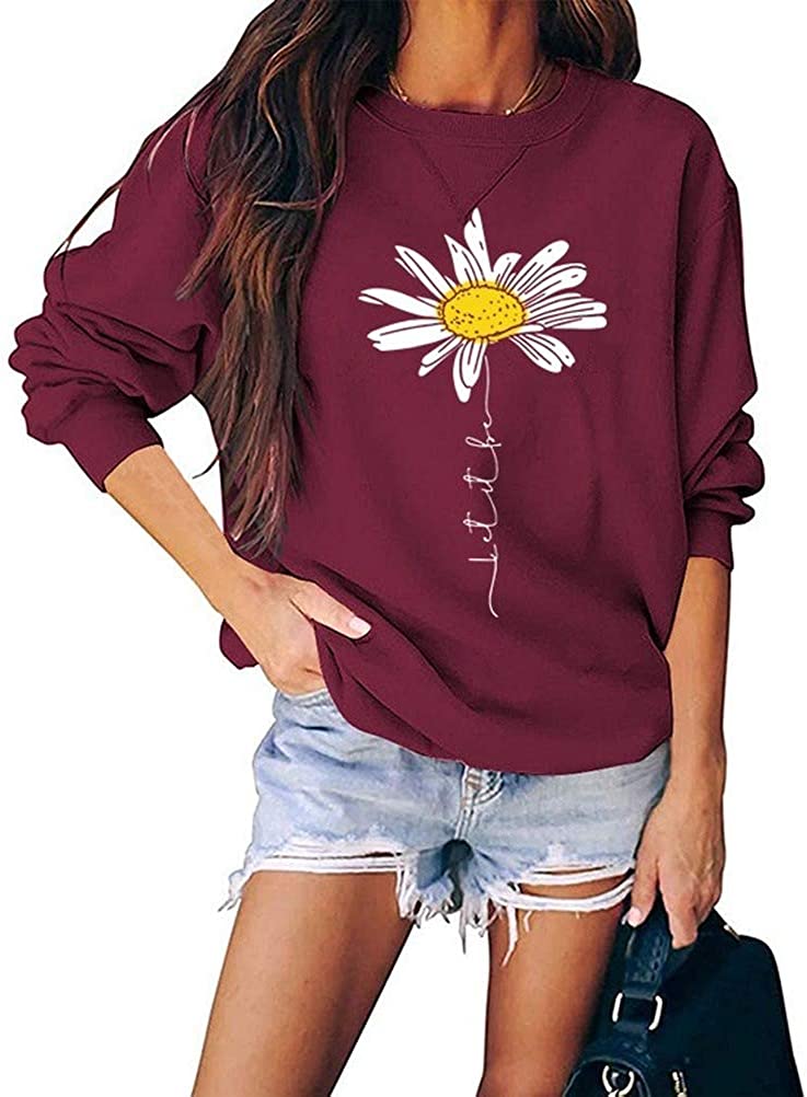 Women Daisy Graphic Sweatshirt Casual Loose Long Sleeve Fashion Tops