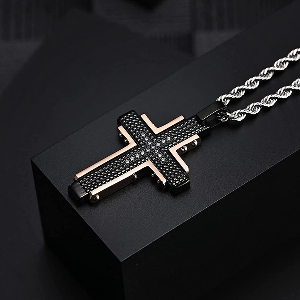 Collier avec pendentif croix en acier inoxydable pour hommes, noir, or Rose, pour la prière du seigneur, chaîne lourde