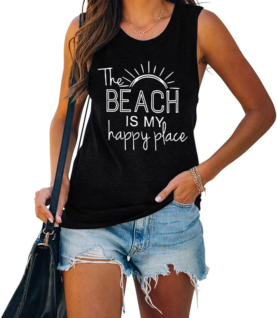 The Beach is My Happy Place Chemise sans manches pour femme Débardeur de plage d'été