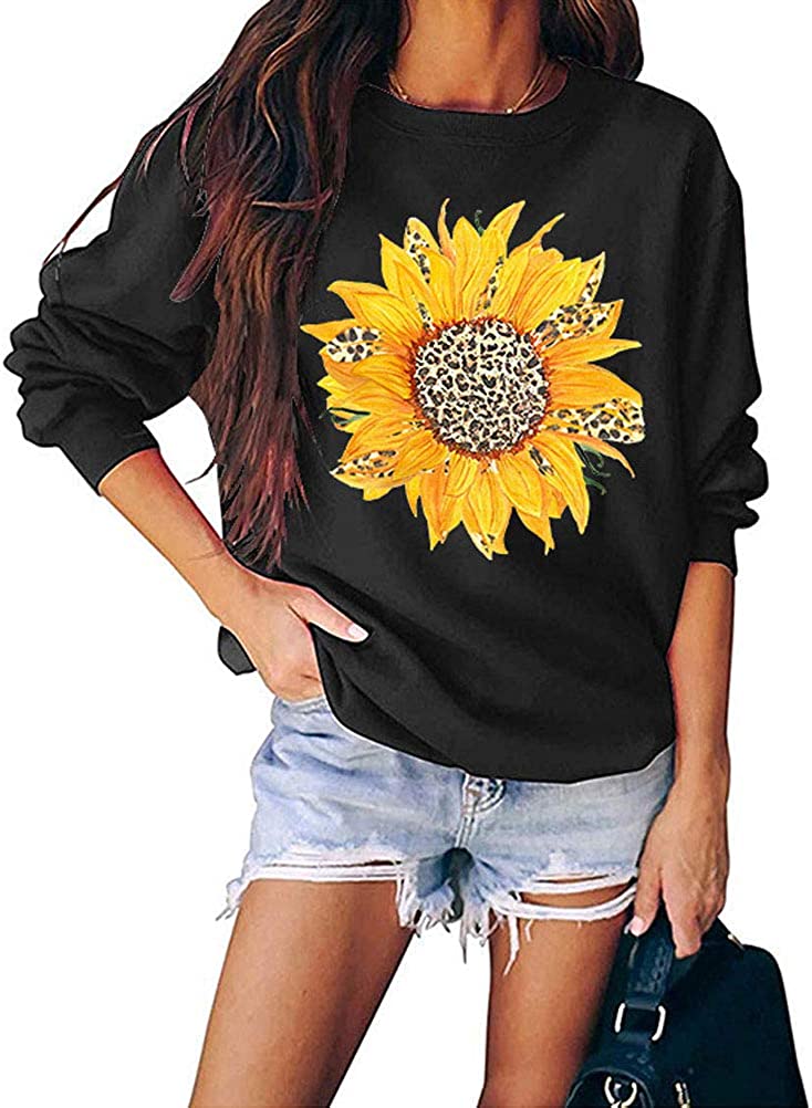 Sweat-shirt léopard tournesol à manches longues pour femmes, chemise léopard florale