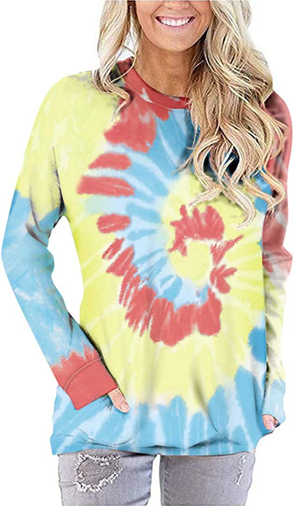 Women Fashion Long Sleeve Tie Dye Blouse with Pockets