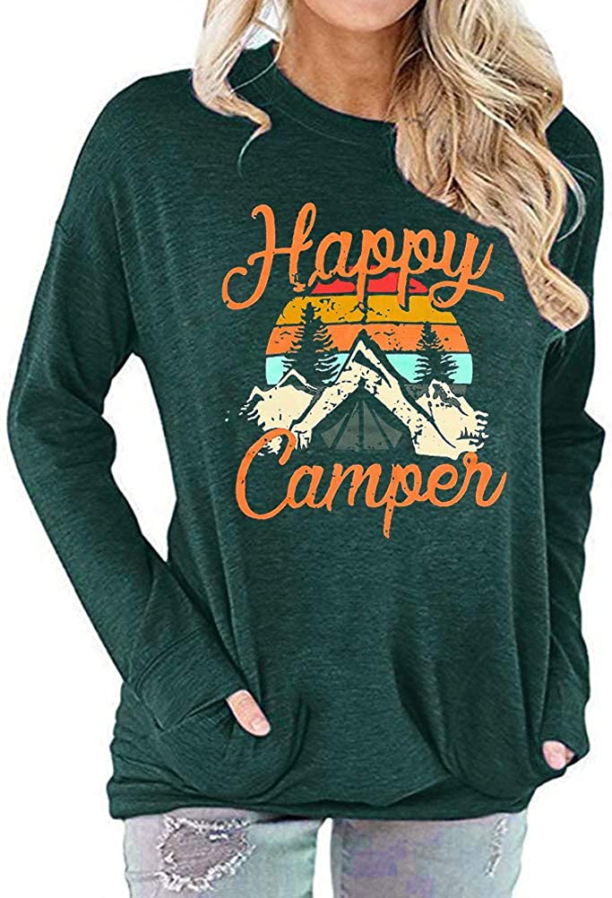 Women Happy Camper Long Sleeve Blouse with Pockets
