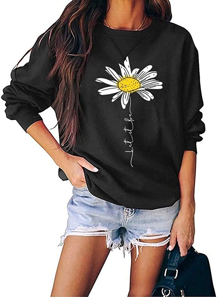 Women Daisy Graphic Sweatshirt Casual Loose Long Sleeve Fashion Tops