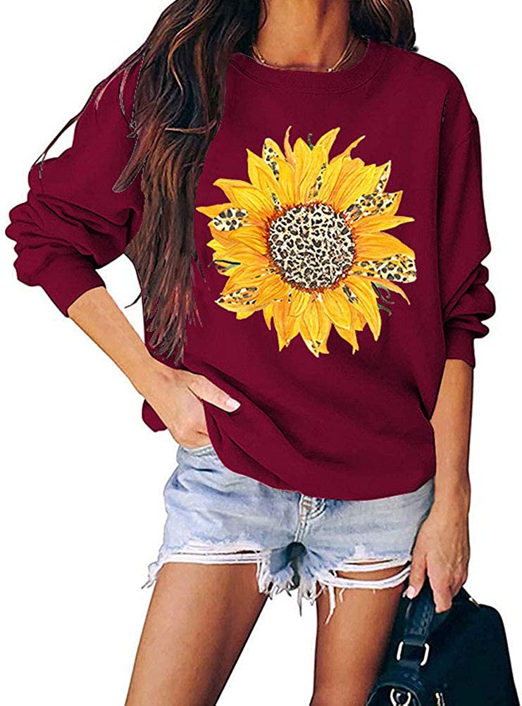Sweat-shirt léopard tournesol à manches longues pour femmes, chemise léopard florale