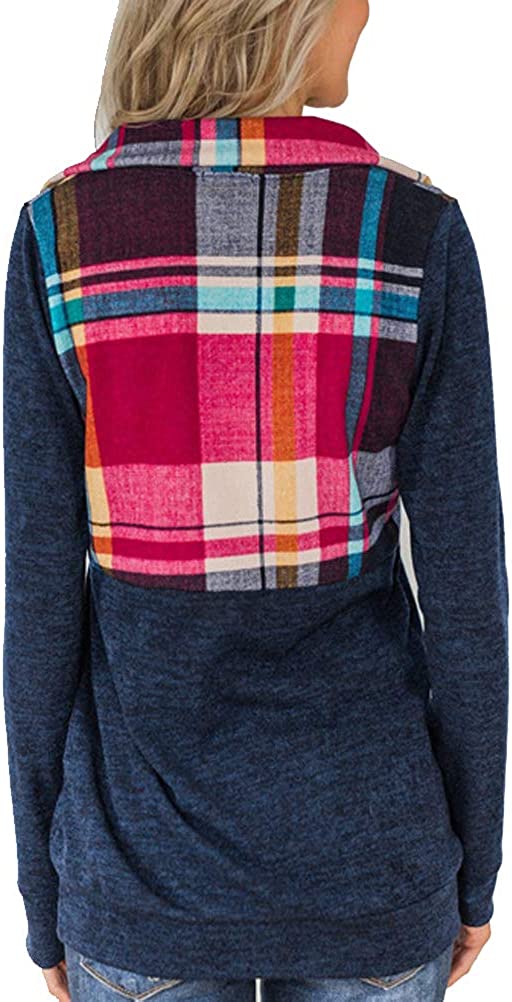 Sweat-shirt à manches longues et fermeture éclair à carreaux pour femmes avec poches