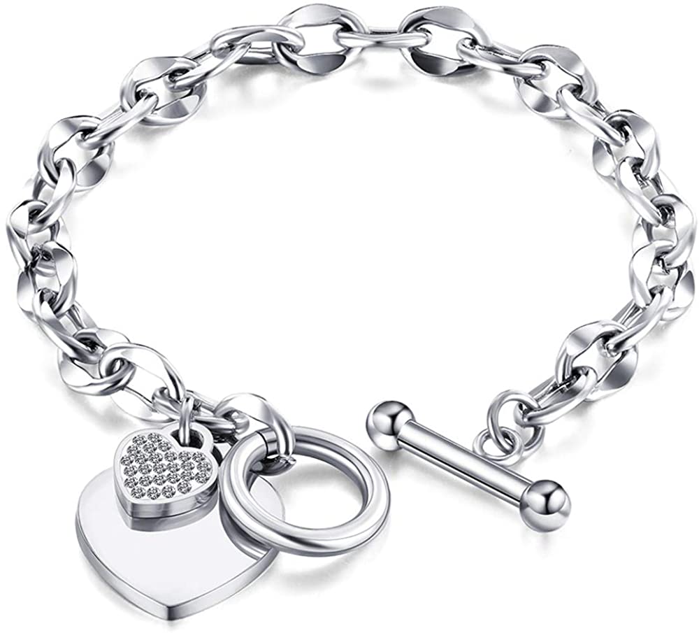 Womens Stainless Steel Link Chains Heart Charms Bracelets for Teen Age Girl Toggle Clasp Closure