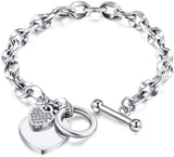 Womens Stainless Steel Link Chains Heart Charms Bracelets for Teen Age Girl Toggle Clasp Closure