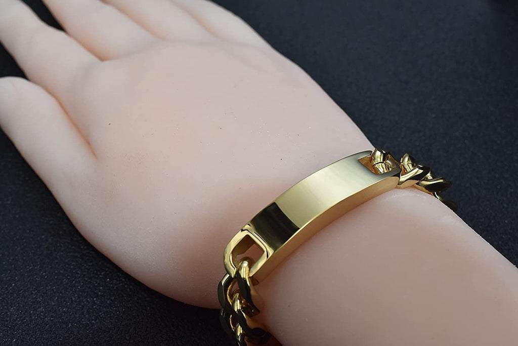 Personnalisez le bracelet de barre de nom d'identité gravé pour hommes en acier inoxydable, chaîne à maillons cubains, bracelets personnalisés avec fermoir à boucle magnétique