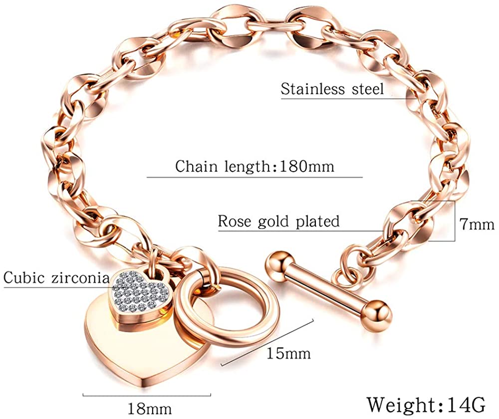 Womens Stainless Steel Link Chains Heart Charms Bracelets for Teen Age Girl Toggle Clasp Closure