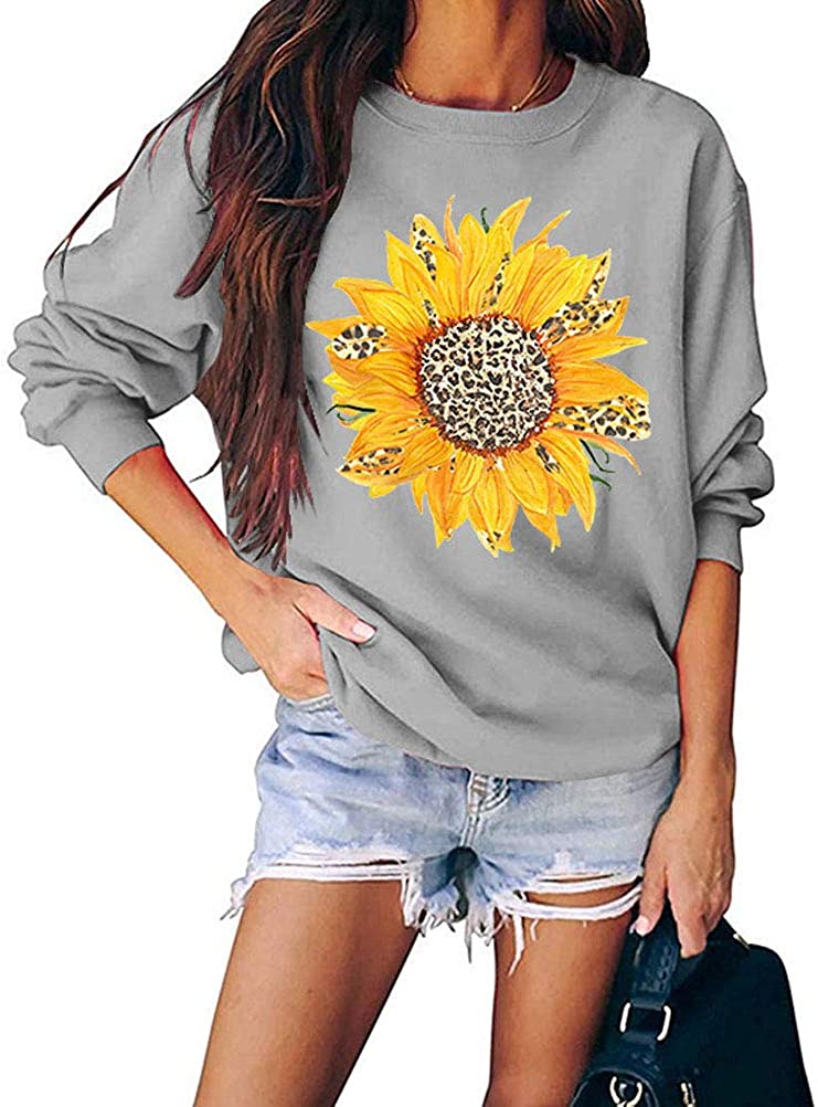 Sweat-shirt léopard tournesol à manches longues pour femmes, chemise léopard florale