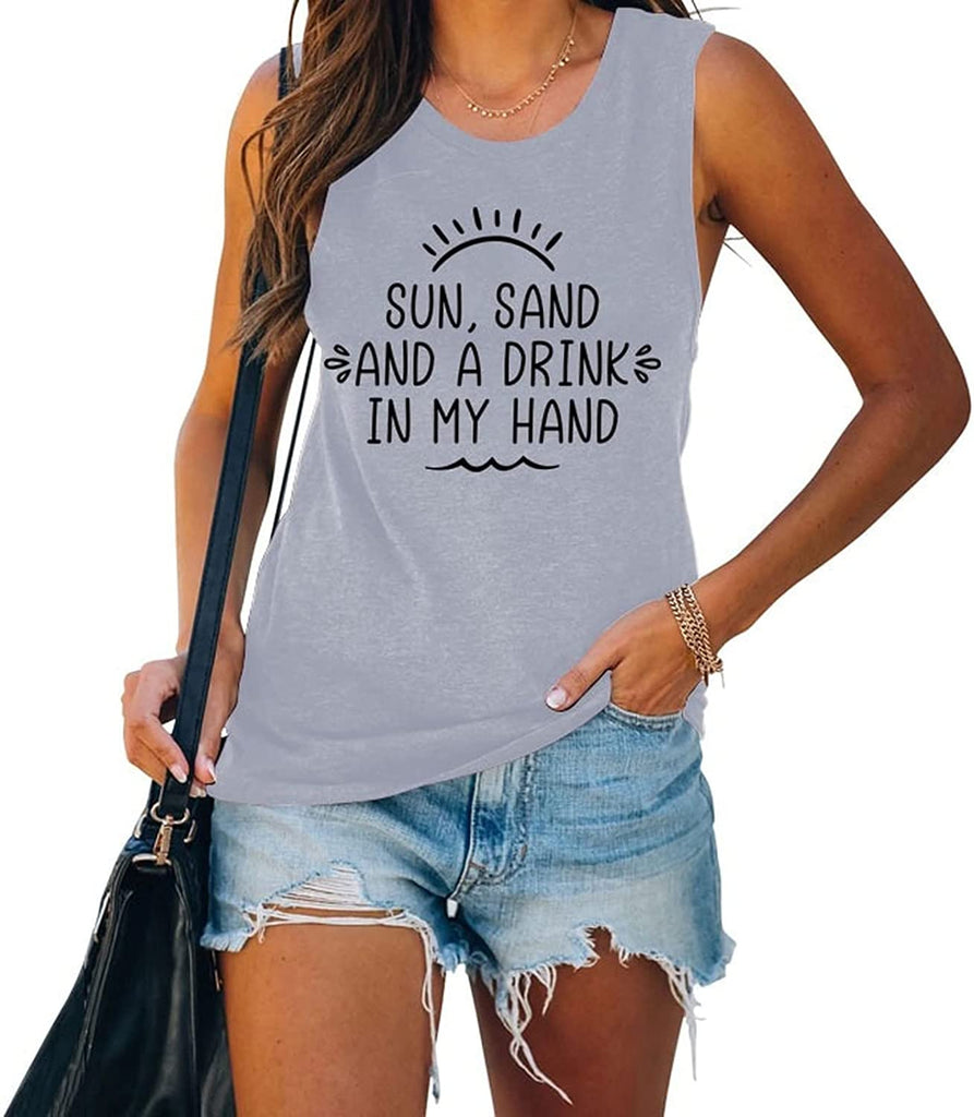 Women Sun Sand and A Drink in My Hand Tank Top Cute Graphic Shirt