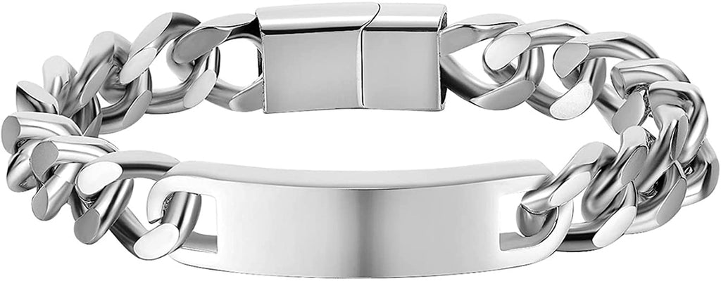 Personnalisez le bracelet de barre de nom d'identité gravé pour hommes en acier inoxydable, chaîne à maillons cubains, bracelets personnalisés avec fermoir à boucle magnétique