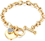 Womens Stainless Steel Link Chains Heart Charms Bracelets for Teen Age Girl Toggle Clasp Closure