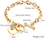 Womens Stainless Steel Link Chains Heart Charms Bracelets for Teen Age Girl Toggle Clasp Closure