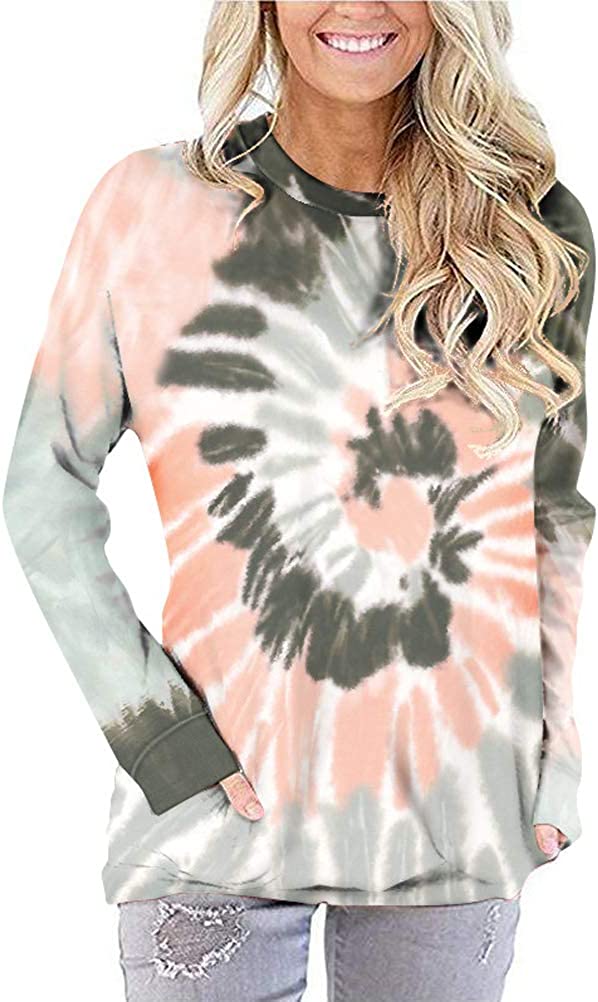 Women Fashion Long Sleeve Tie Dye Blouse with Pockets