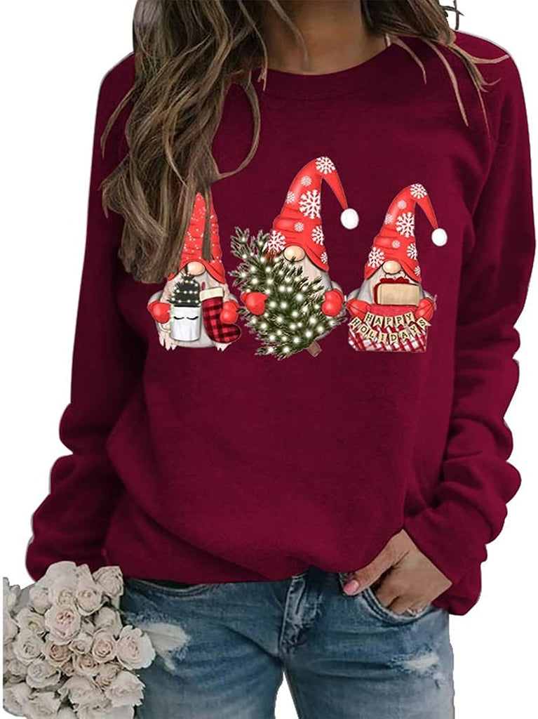Sweat-shirt à manches longues pour femmes, Gnomes de noël, chemise d'arbre de noël