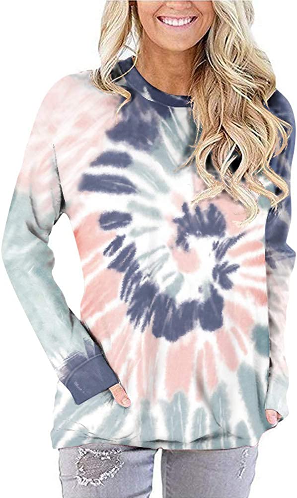 Women Fashion Long Sleeve Tie Dye Blouse with Pockets