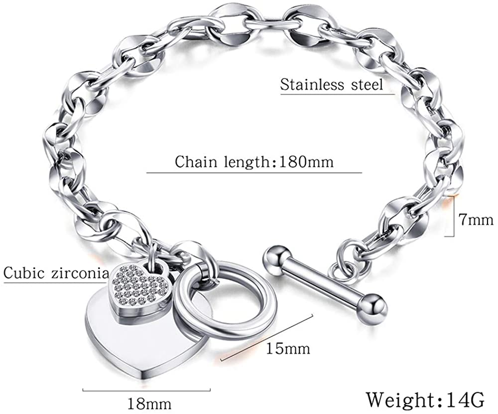 Womens Stainless Steel Link Chains Heart Charms Bracelets for Teen Age Girl Toggle Clasp Closure