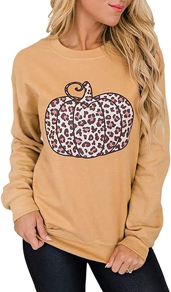 Sweat-shirt citrouille léopard à manches longues pour femmes, chemise citrouille d'halloween