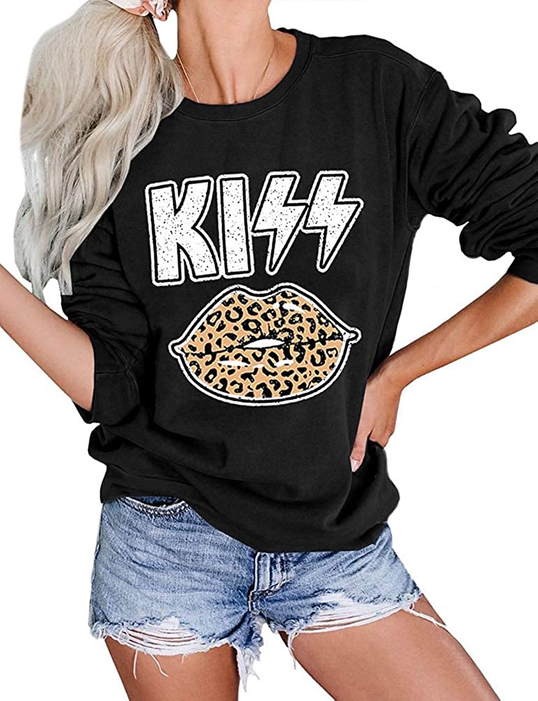 Damen Langarm Kiss Leopard Lips Sweatshirt Lippenstift Shirt