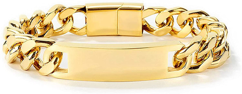 Personnalisez le bracelet de barre de nom d'identité gravé pour hommes en acier inoxydable, chaîne à maillons cubains, bracelets personnalisés avec fermoir à boucle magnétique