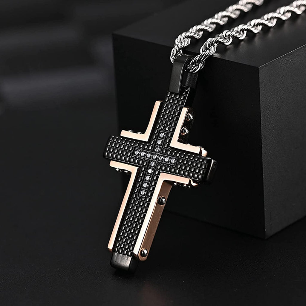 Collier avec pendentif croix en acier inoxydable pour hommes, noir, or Rose, pour la prière du seigneur, chaîne lourde