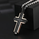 Collier avec pendentif croix en acier inoxydable pour hommes, noir, or Rose, pour la prière du seigneur, chaîne lourde