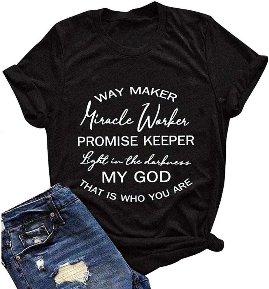 FZLYE Womens Way Maker Miracle Worker Promise Keeper Light in The Darkness My God T-Shirt Tank Graphic Tees Tops
