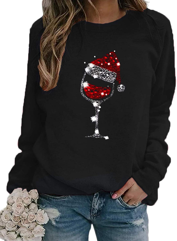 Sweat-shirt à manches longues pour femmes, verres à vin avec chapeau de père noël pour noël