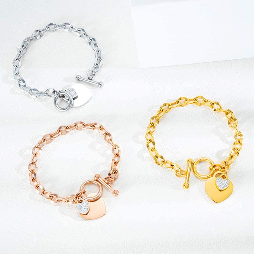 Womens Stainless Steel Link Chains Heart Charms Bracelets for Teen Age Girl Toggle Clasp Closure