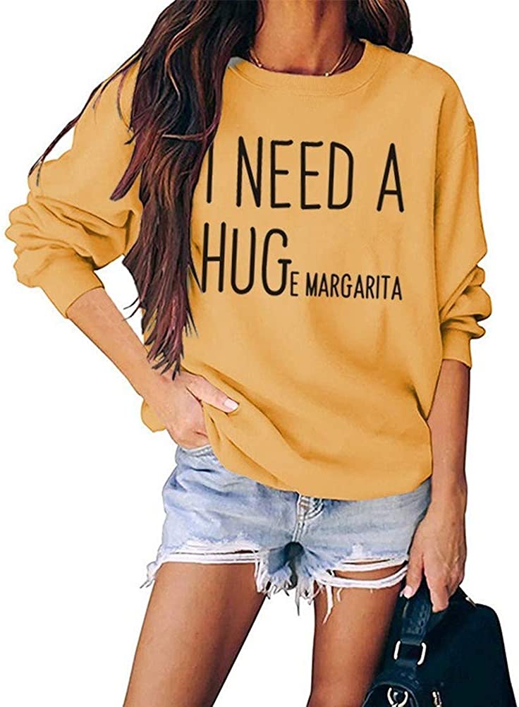 Sweatshirts mit Aufdruck „I Need A Huge Margarita“ für Damen, lässig, lockerer Rundhalsausschnitt, langärmelig