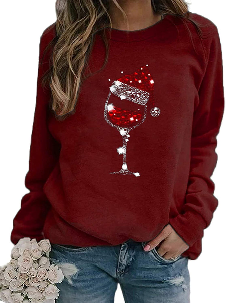 Sweat-shirt à manches longues pour femmes, verres à vin avec chapeau de père noël pour noël