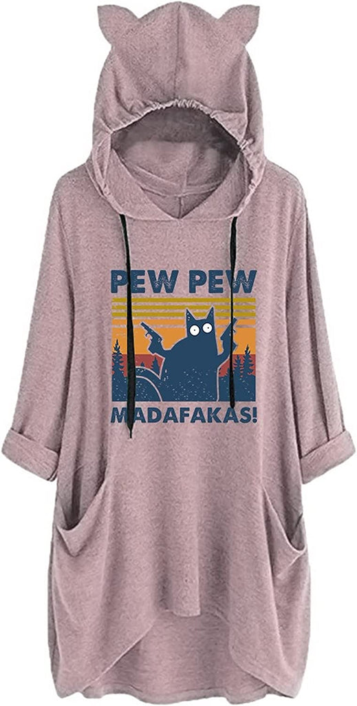 Women Pew-Pew Madafakas Hoodies Funny Pew-Pew Cat Shirt with Cat Ears and Pockets